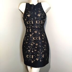 BADGLEY MISCHKA BELLE Black Nude Lace Sheath Dress Sz 8